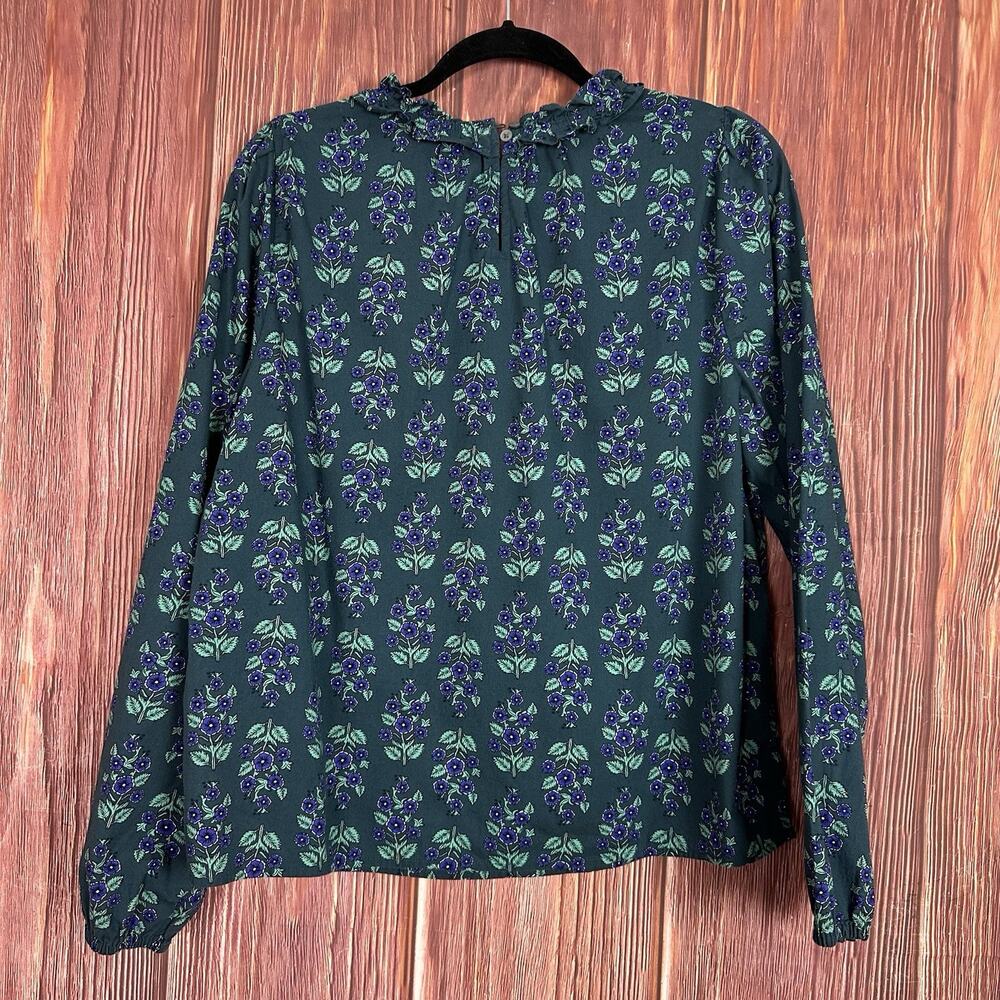 J Crew Long Sleeve Ruffle-Neck Poplin Green Floral Blouse Size Large Cottagecore - Picture 6 of 6